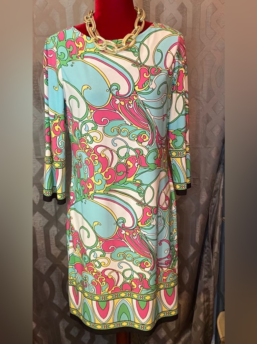 London Times Turquoise Pink Yellow Swirl Print Long Sleeve Dress